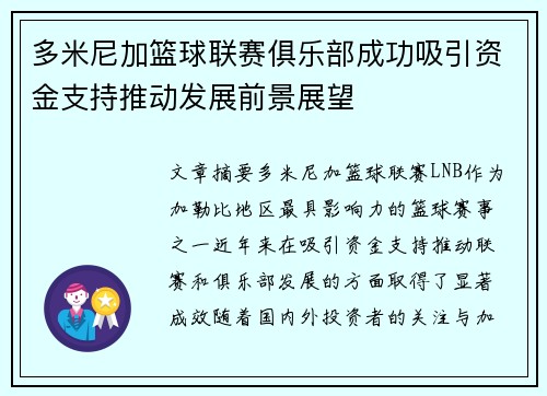 多米尼加篮球联赛俱乐部成功吸引资金支持推动发展前景展望