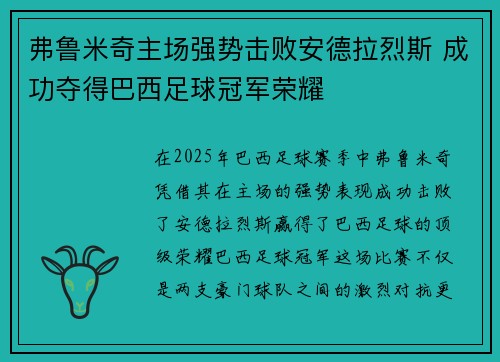 弗鲁米奇主场强势击败安德拉烈斯 成功夺得巴西足球冠军荣耀
