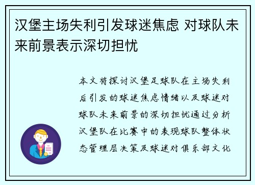 汉堡主场失利引发球迷焦虑 对球队未来前景表示深切担忧