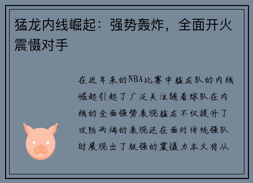 猛龙内线崛起：强势轰炸，全面开火震慑对手