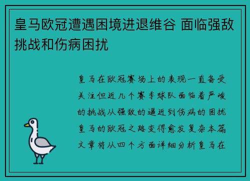 皇马欧冠遭遇困境进退维谷 面临强敌挑战和伤病困扰