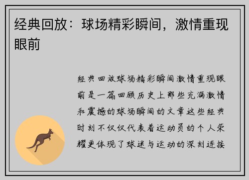 经典回放：球场精彩瞬间，激情重现眼前