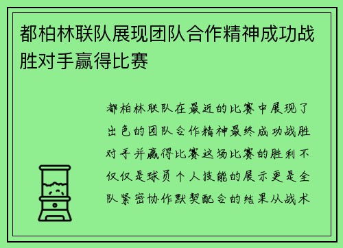都柏林联队展现团队合作精神成功战胜对手赢得比赛