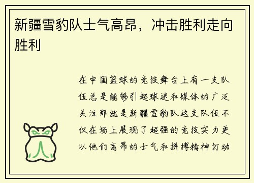 新疆雪豹队士气高昂，冲击胜利走向胜利