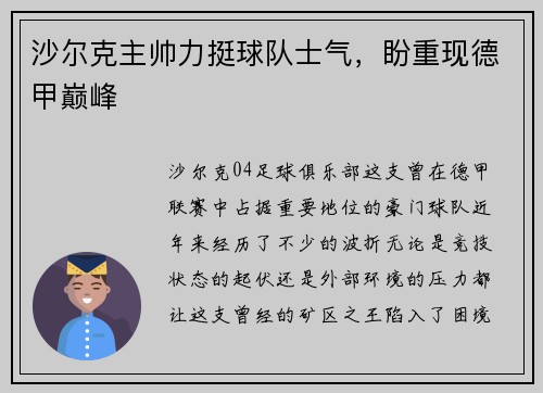 沙尔克主帅力挺球队士气，盼重现德甲巅峰