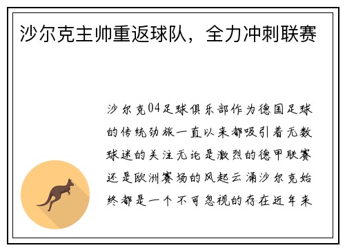 沙尔克主帅重返球队，全力冲刺联赛