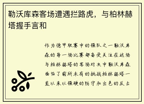 勒沃库森客场遭遇拦路虎，与柏林赫塔握手言和