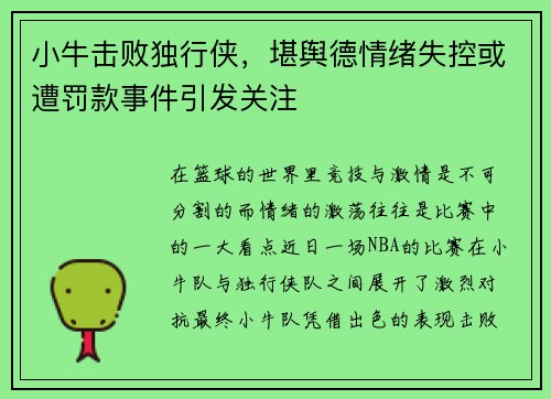 小牛击败独行侠，堪舆德情绪失控或遭罚款事件引发关注