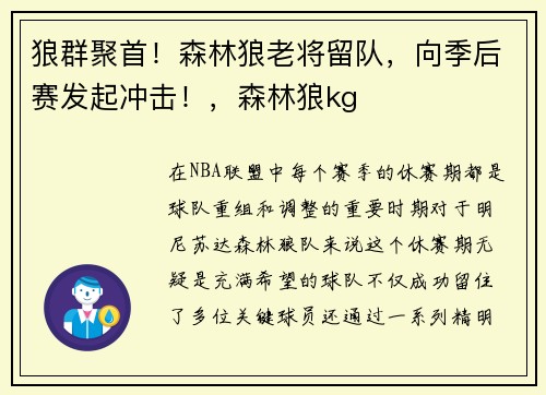 狼群聚首！森林狼老将留队，向季后赛发起冲击！，森林狼kg