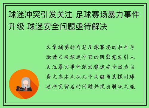 球迷冲突引发关注 足球赛场暴力事件升级 球迷安全问题亟待解决