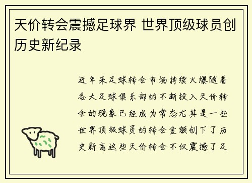 天价转会震撼足球界 世界顶级球员创历史新纪录
