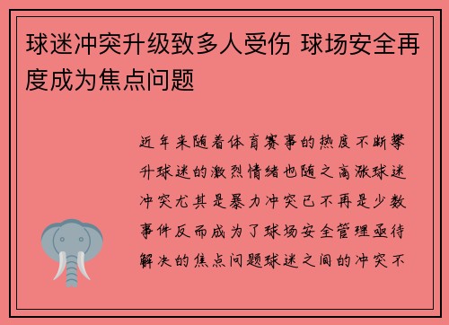 球迷冲突升级致多人受伤 球场安全再度成为焦点问题