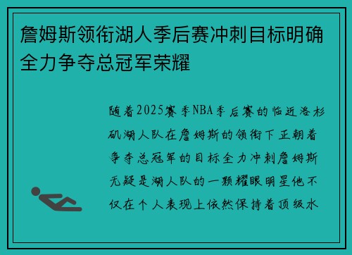 詹姆斯领衔湖人季后赛冲刺目标明确全力争夺总冠军荣耀