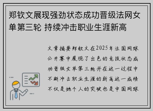 郑钦文展现强劲状态成功晋级法网女单第三轮 持续冲击职业生涯新高