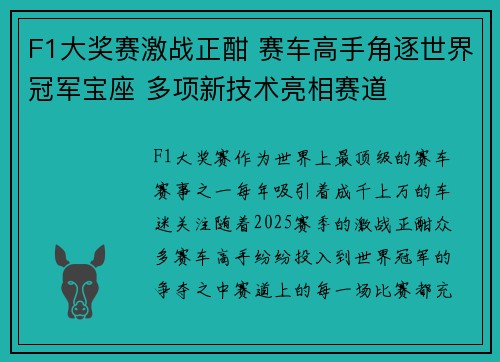 F1大奖赛激战正酣 赛车高手角逐世界冠军宝座 多项新技术亮相赛道