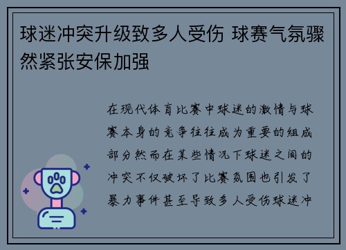球迷冲突升级致多人受伤 球赛气氛骤然紧张安保加强