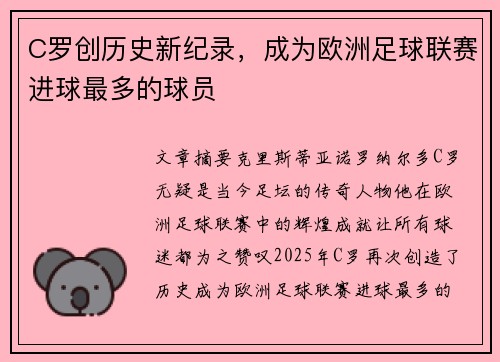 C罗创历史新纪录，成为欧洲足球联赛进球最多的球员