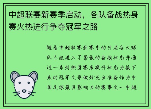 中超联赛新赛季启动，各队备战热身赛火热进行争夺冠军之路