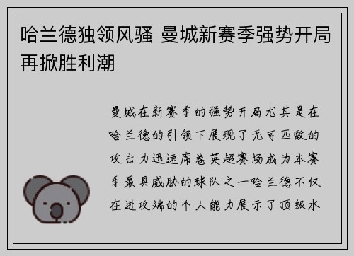 哈兰德独领风骚 曼城新赛季强势开局再掀胜利潮